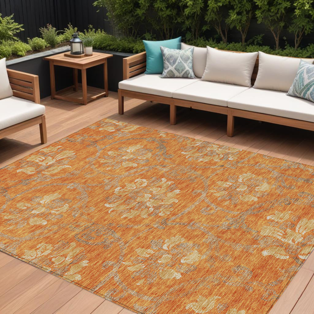 9' X 12' Orange Gray And Beige Floral Washable Indoor Outdoor Area Rug