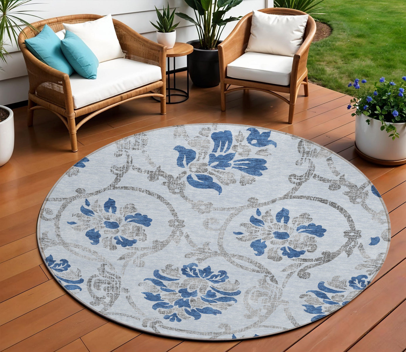 8' Sky Blue And Gray Round Floral Washable Indoor Outdoor Area Rug