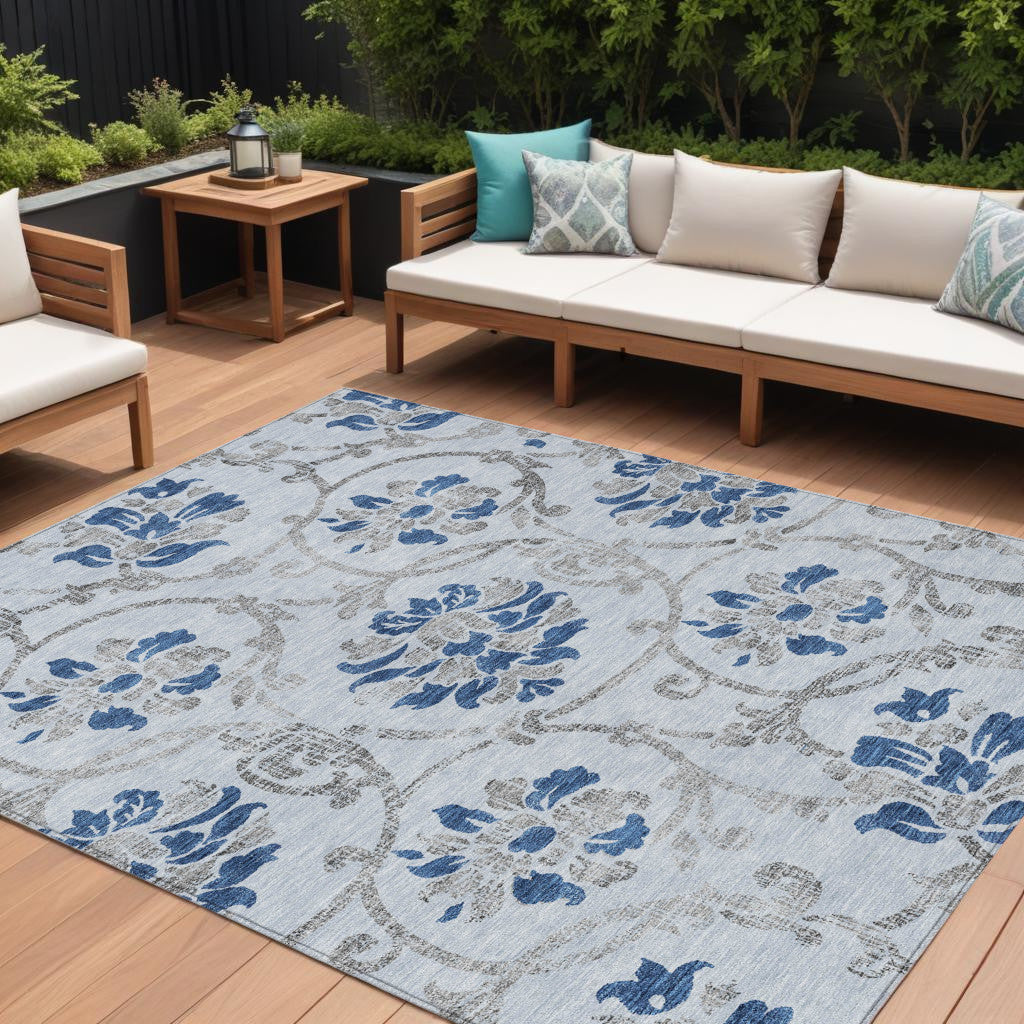 9' X 12' Sky Blue And Gray Floral Washable Indoor Outdoor Area Rug