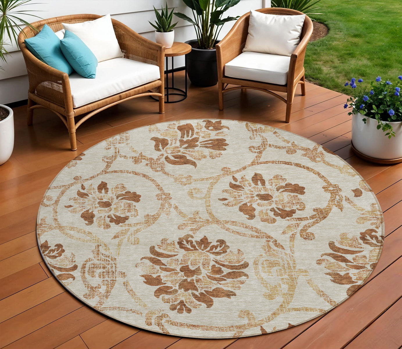 8' Terra Cotta Copper And Beige Round Floral Washable Indoor Outdoor Area Rug