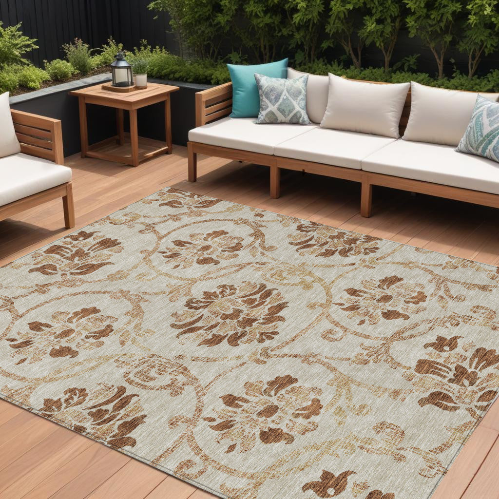 10' X 14' Terra Cotta Copper And Beige Floral Washable Indoor Outdoor Area Rug
