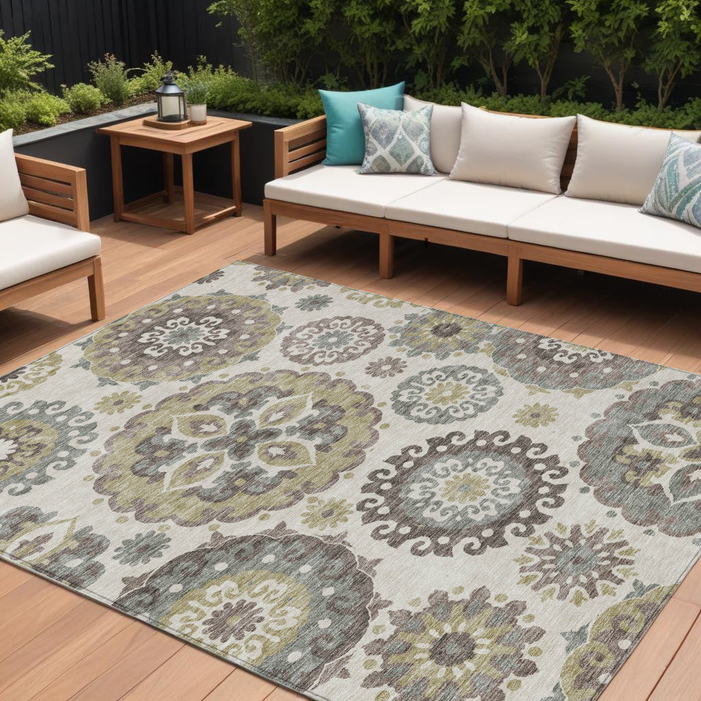 10' X 14' Beige Taupe And Brown Floral Medallion Washable Indoor Outdoor Area Rug