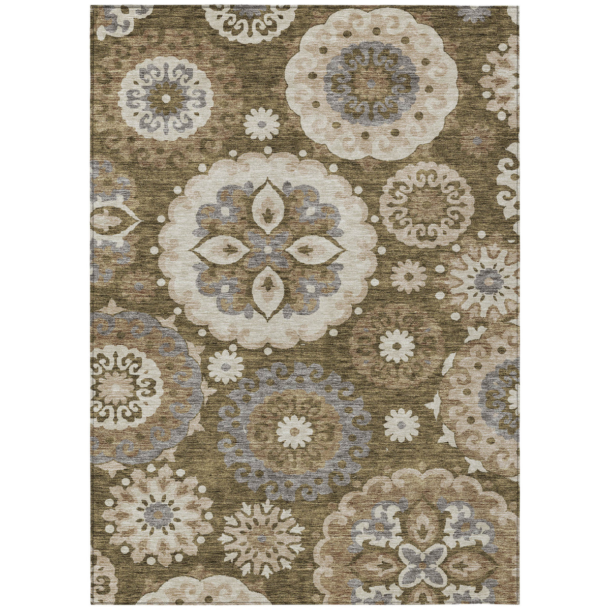 3' X 5' Brown Ivory And Beige Floral Medallion Washable Indoor Outdoor Area Rug