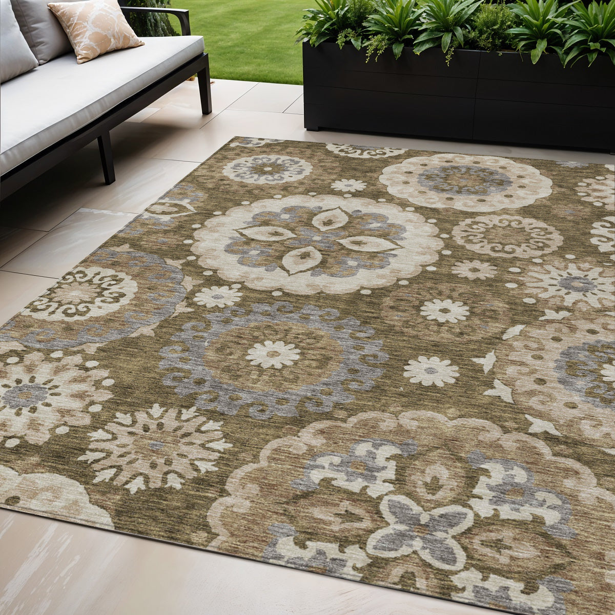 5' X 8' Brown Ivory And Beige Floral Medallion Washable Indoor Outdoor Area Rug