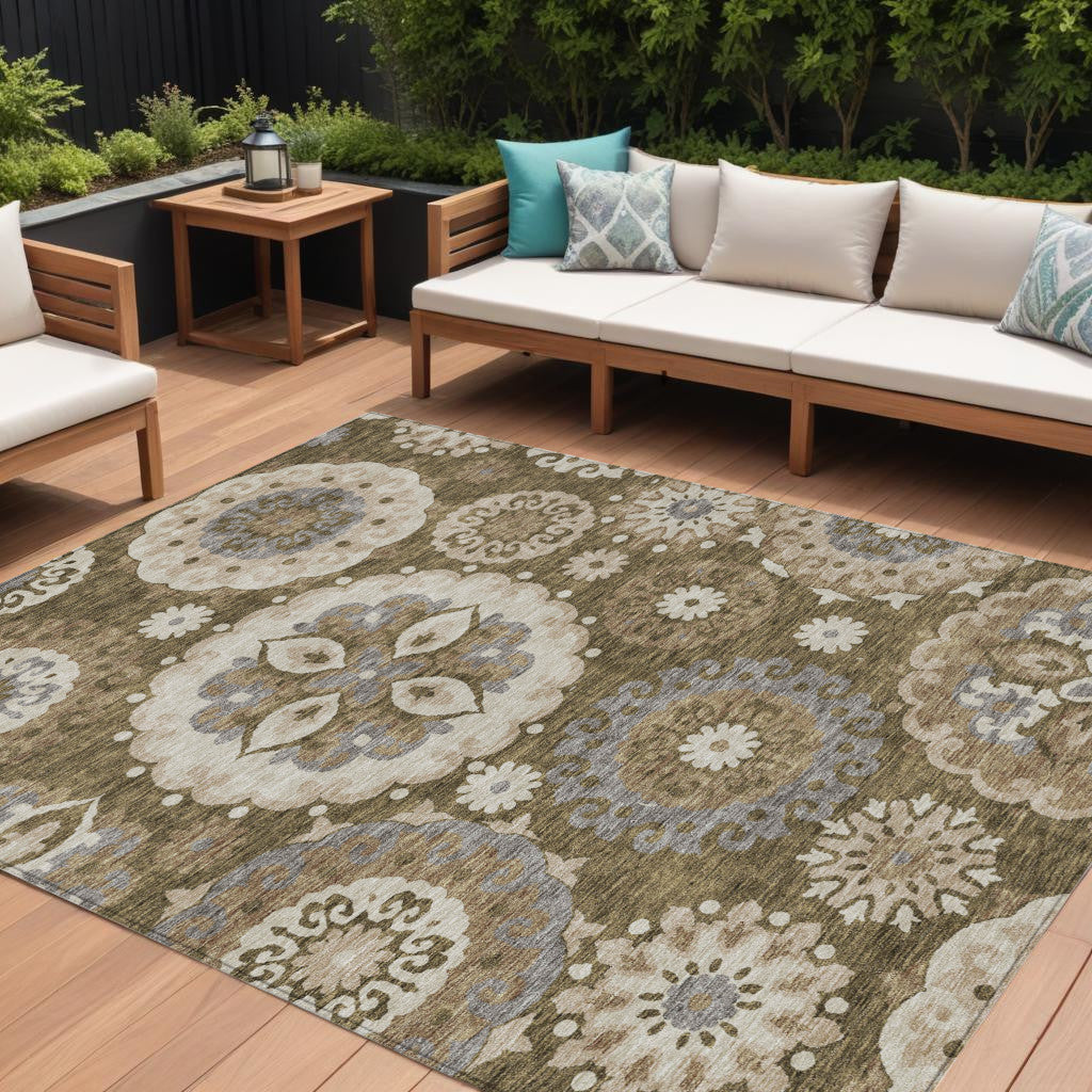 9' X 12' Brown Ivory And Beige Floral Medallion Washable Indoor Outdoor Area Rug