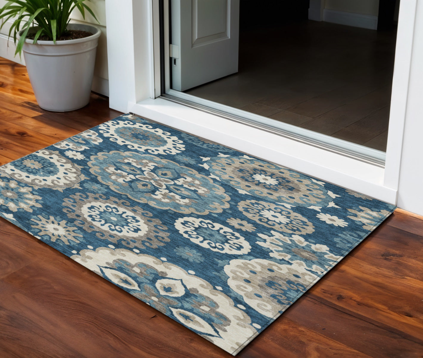 3' X 5' Navy Blue And Taupe Floral Medallion Washable Indoor Outdoor Area Rug