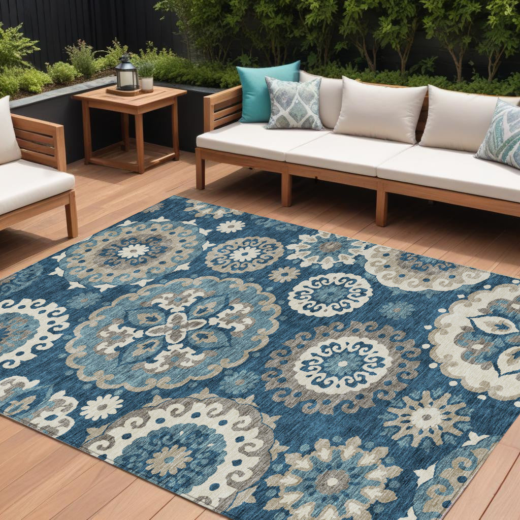 9' X 12' Navy Blue And Taupe Floral Medallion Washable Indoor Outdoor Area Rug