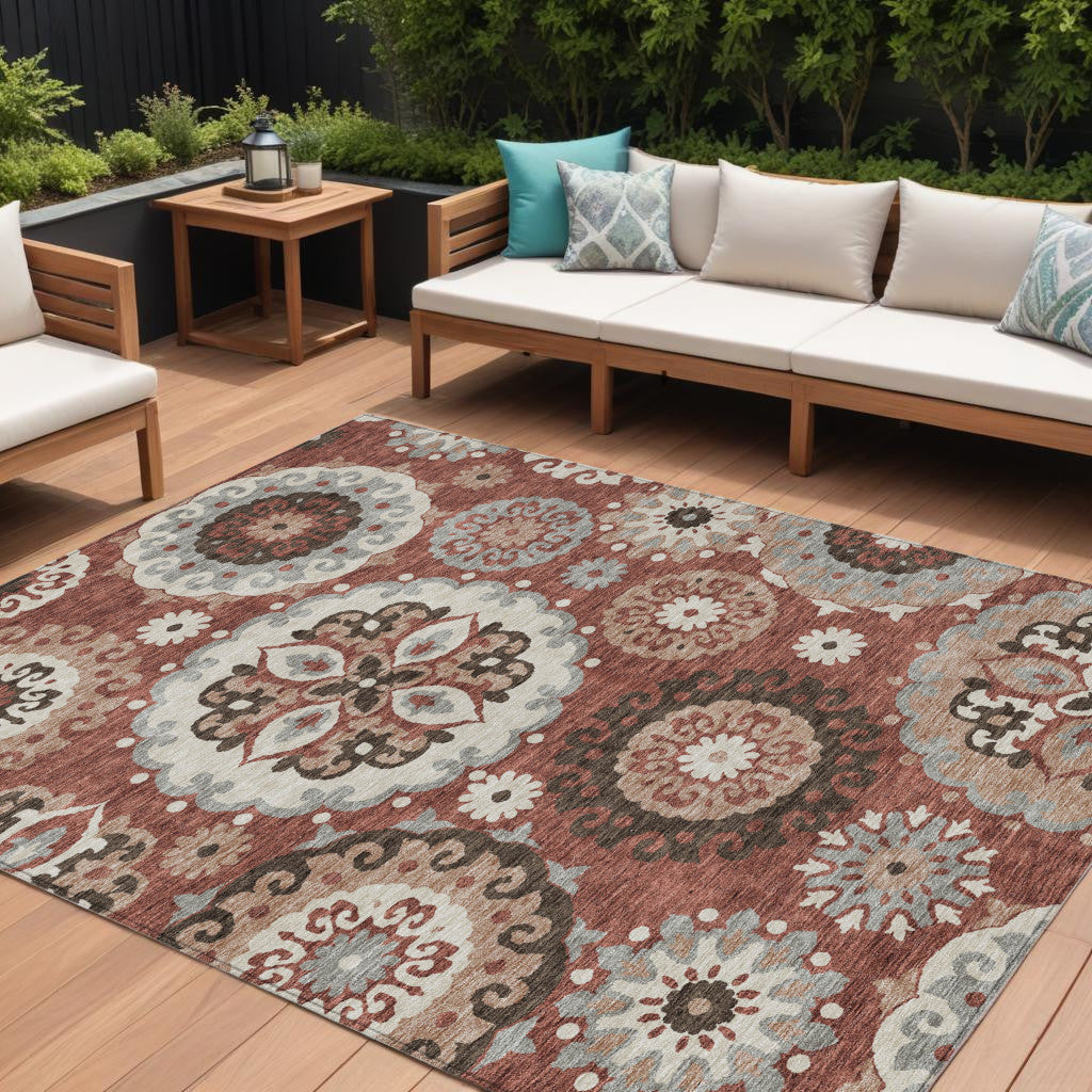 10' X 14' Orange Taupe And Gray Floral Medallion Washable Indoor Outdoor Area Rug