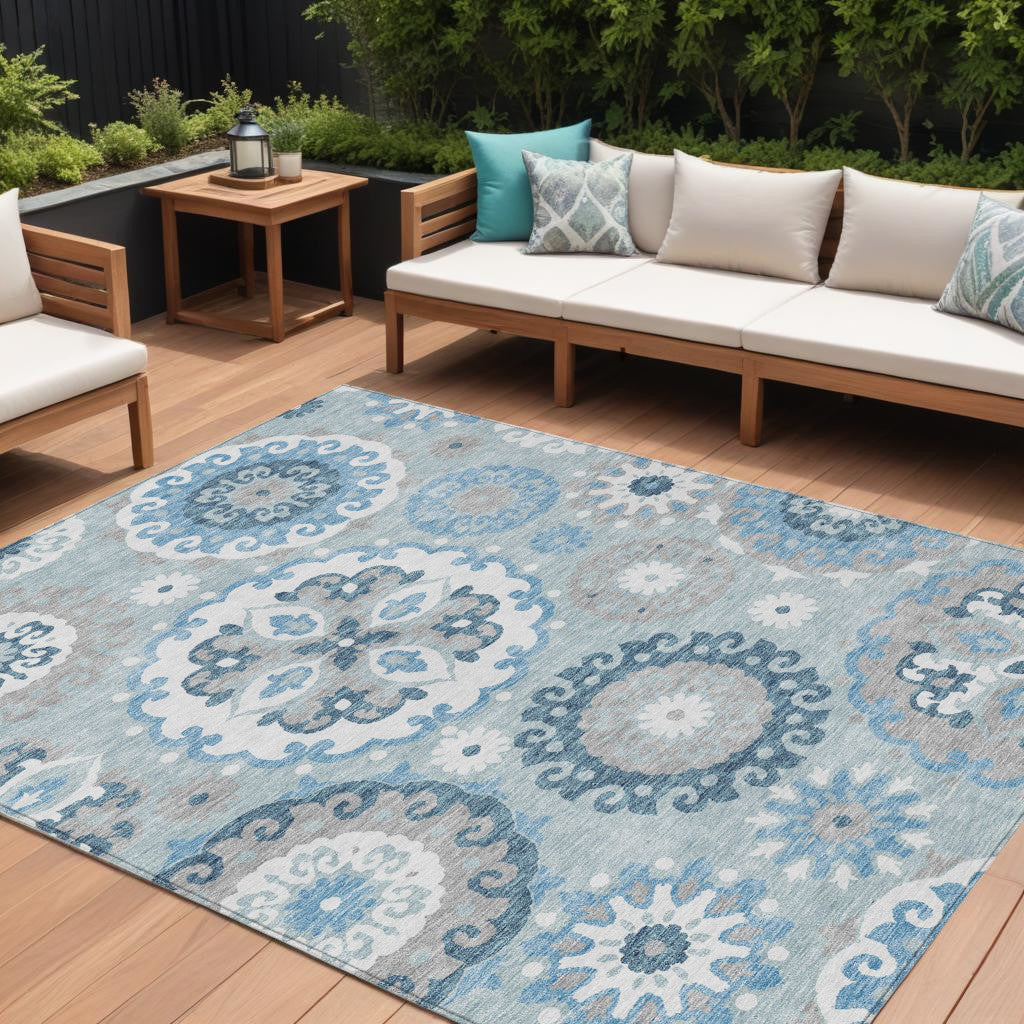 9' X 12' Sky Blue And Denim Blue Floral Medallion Washable Indoor Outdoor Area Rug