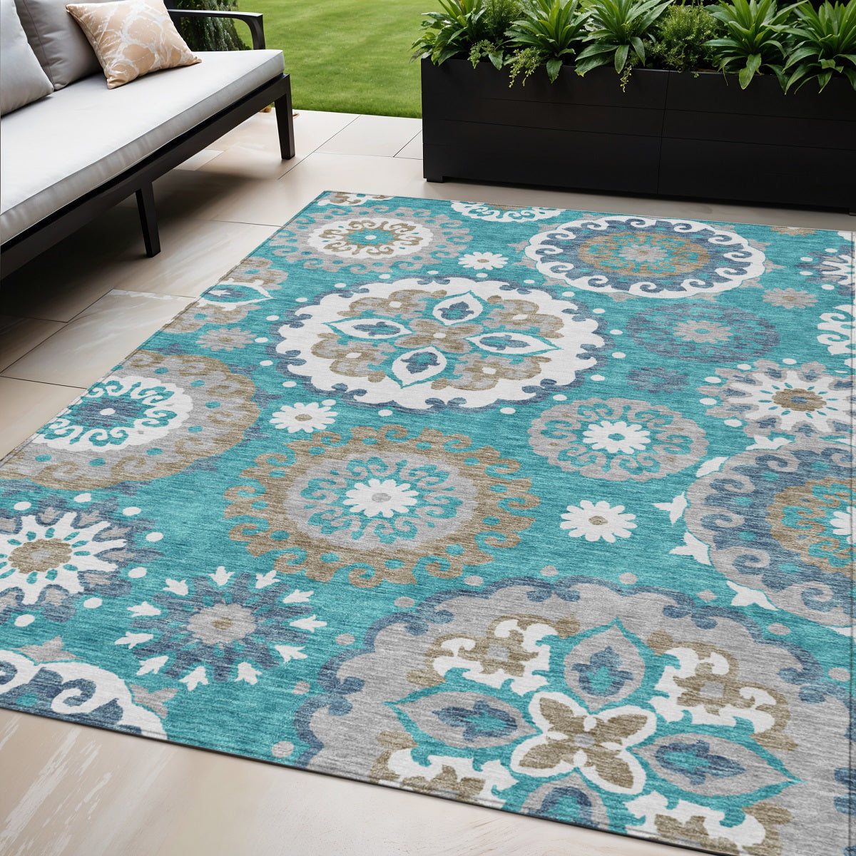 5' X 8' Teal Blue Taupe And Gray Floral Medallion Washable Indoor Outdoor Area Rug