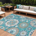 9' X 12' Teal Blue Taupe And Gray Floral Medallion Washable Indoor Outdoor Area Rug