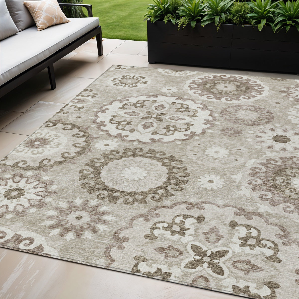 5' X 8' Taupe Beige And Brown Floral Medallion Washable Indoor Outdoor Area Rug
