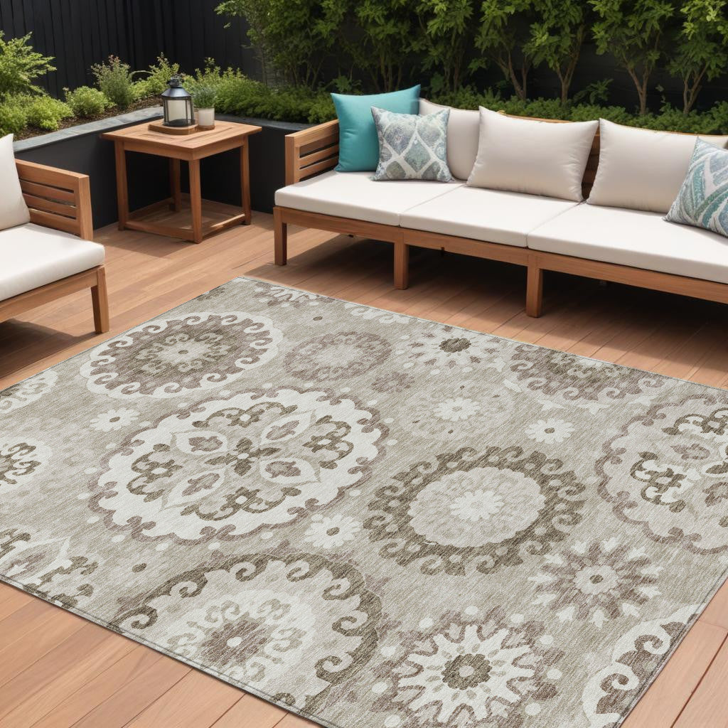 9' X 12' Taupe Beige And Brown Floral Medallion Washable Indoor Outdoor Area Rug