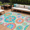 8' X 10' White Orange And Teal Blue Floral Medallion Washable Indoor Outdoor Area Rug