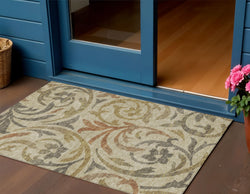 3' X 5' Beige Taupe And Copper Floral Washable Indoor Outdoor Area Rug