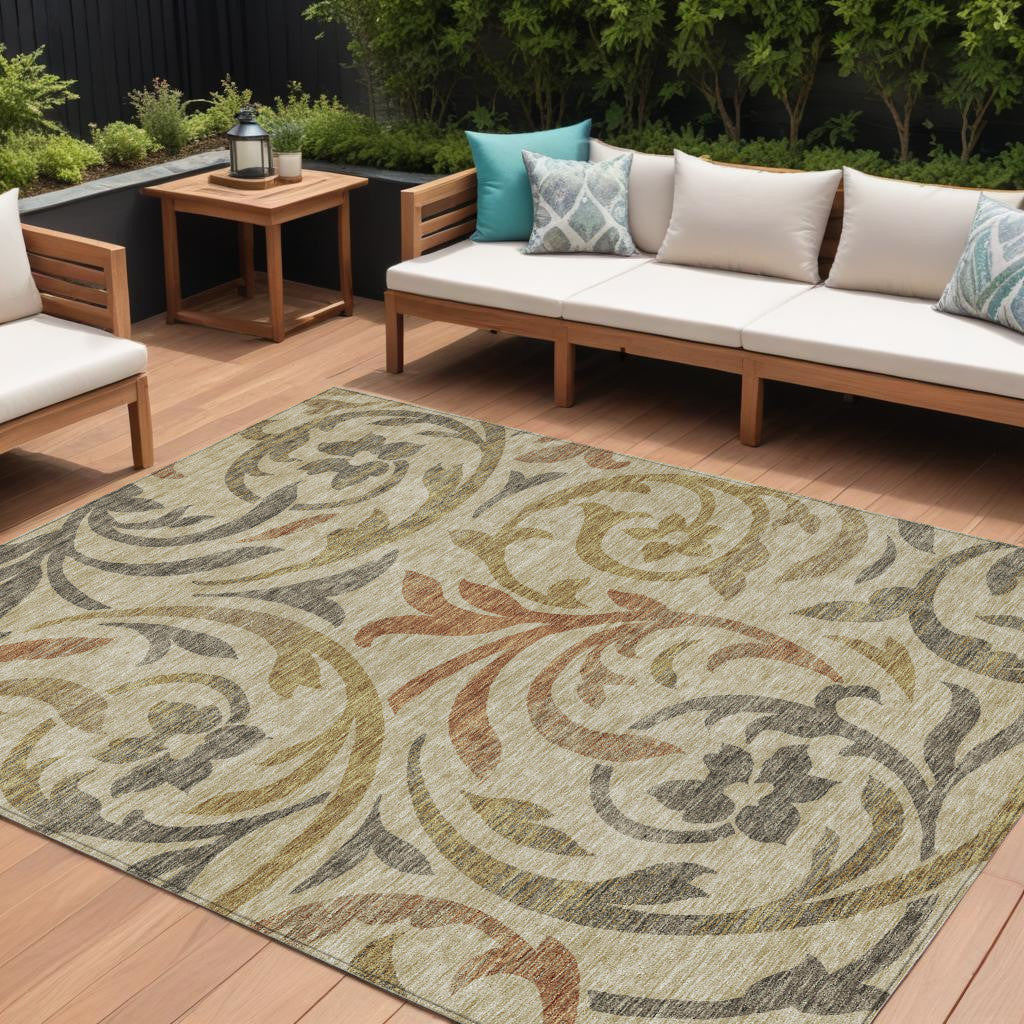 10' X 14' Beige Taupe And Copper Floral Washable Indoor Outdoor Area Rug