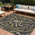 9' X 12' Black Taupe And Gold Floral Washable Indoor Outdoor Area Rug