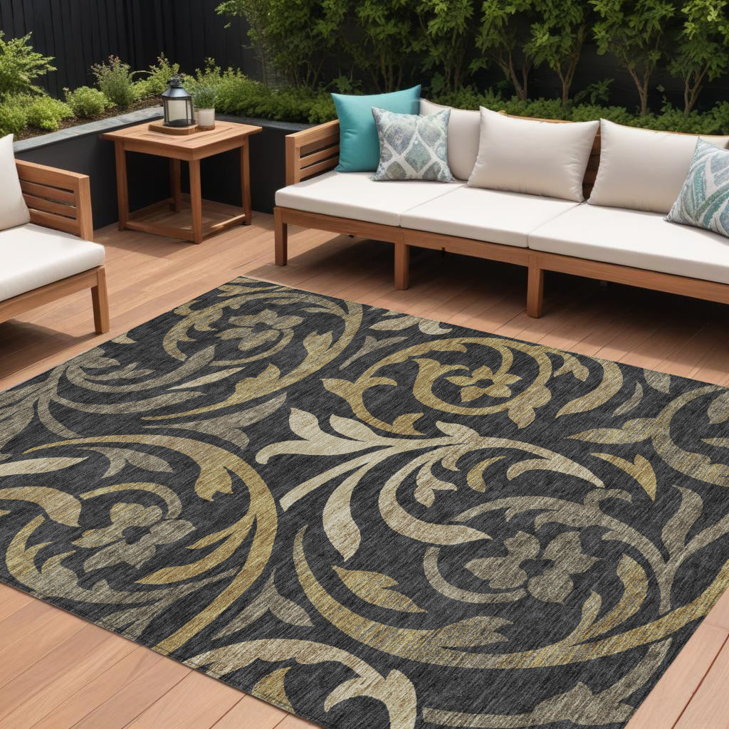 9' X 12' Black Taupe And Gold Floral Washable Indoor Outdoor Area Rug