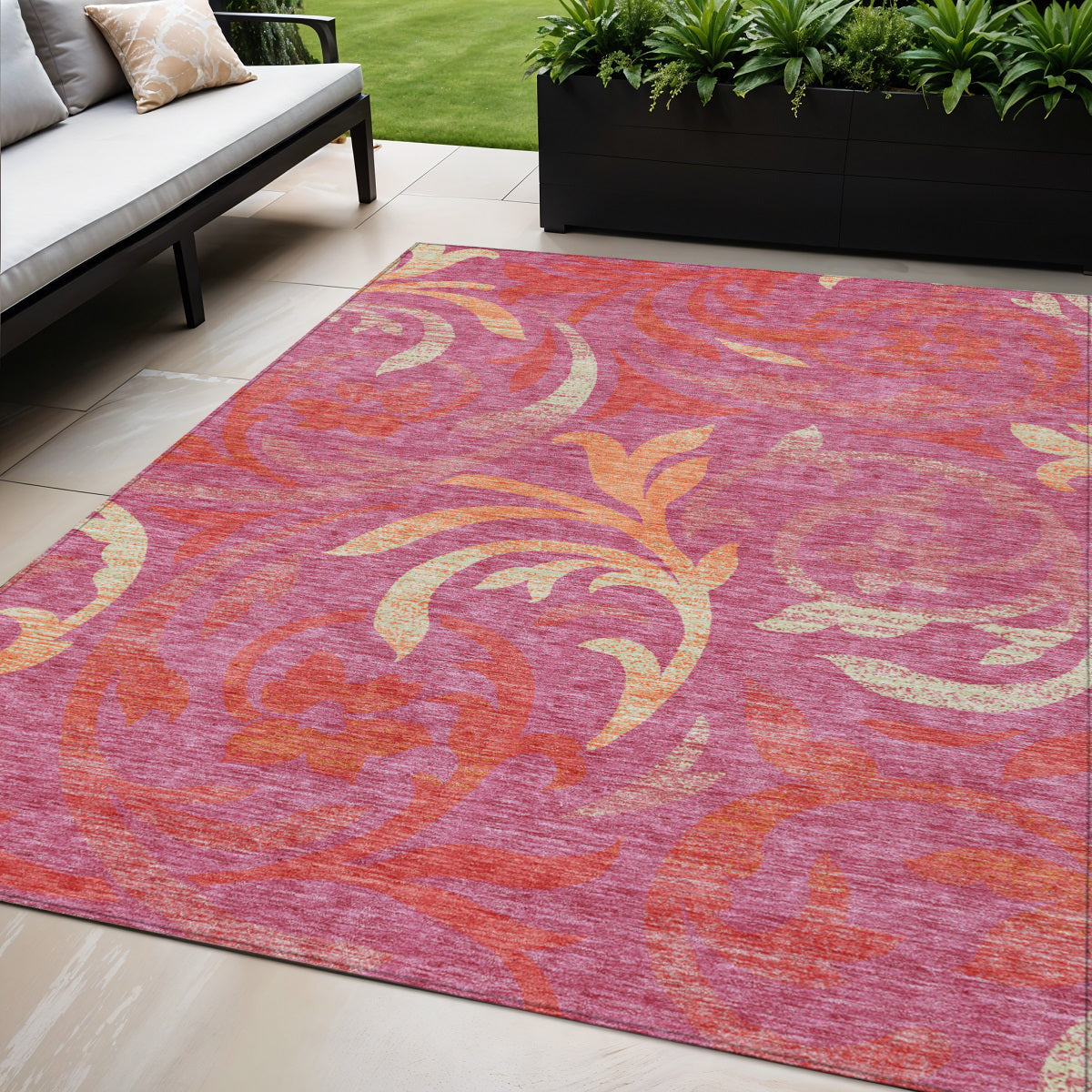 5' X 8' Blush Orange And Ivory Floral Washable Indoor Outdoor Area Rug