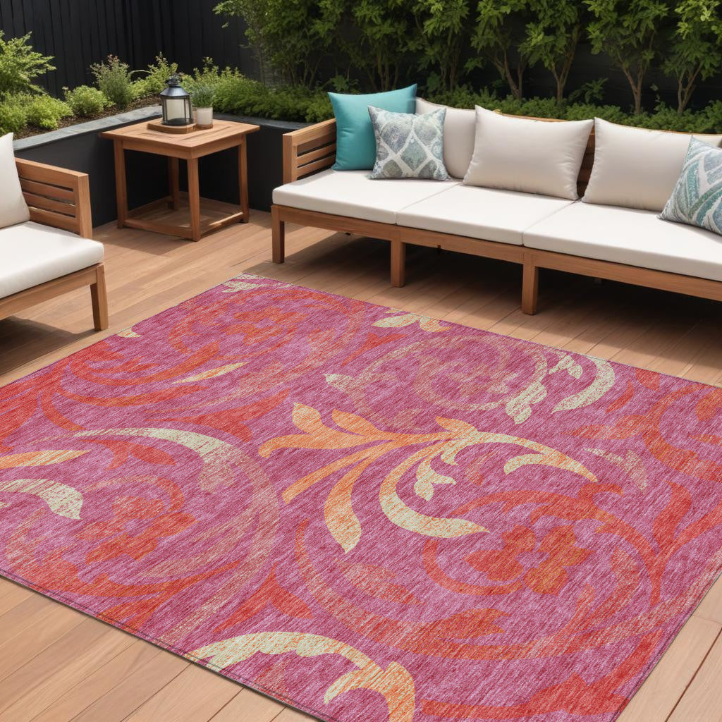 10' X 14' Blush Orange And Ivory Floral Washable Indoor Outdoor Area Rug