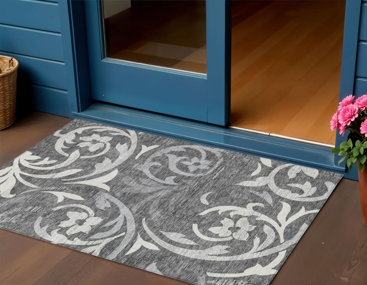 3' X 5' Charcoal Silver And Gray Floral Washable Indoor Outdoor Area Rug