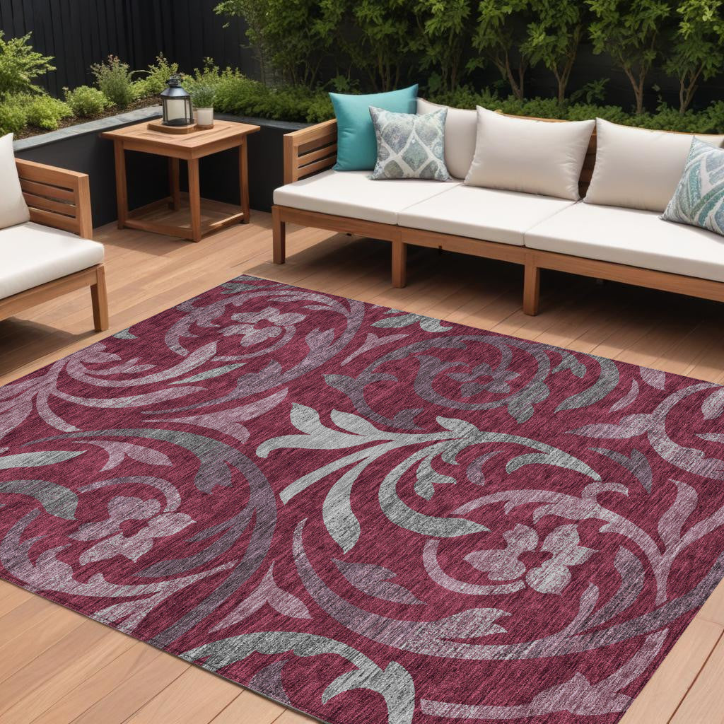 9' X 12' Red Gray And Silver Floral Washable Indoor Outdoor Area Rug