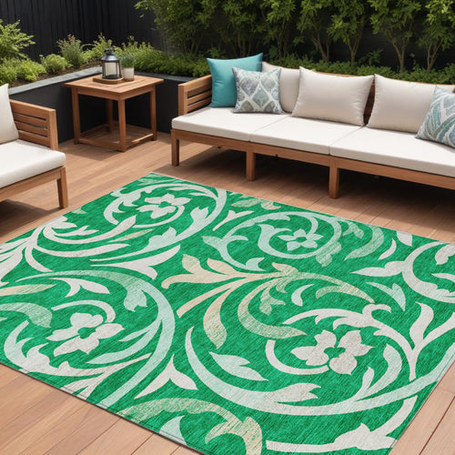 10' X 14' Mint Green And Ivory Floral Washable Indoor Outdoor Area Rug