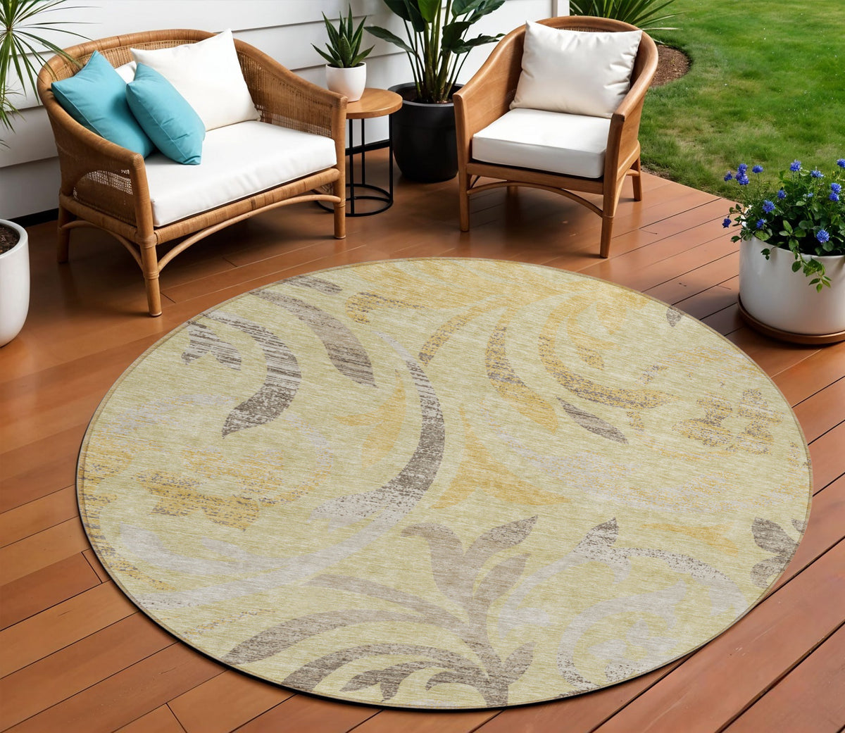 8' Gold Beige And Taupe Round Floral Washable Indoor Outdoor Area Rug