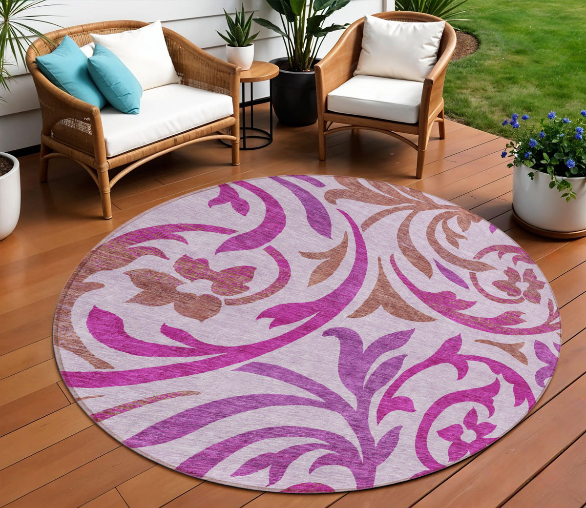 8' Lavender Blush And Purple Round Floral Washable Indoor Outdoor Area Rug