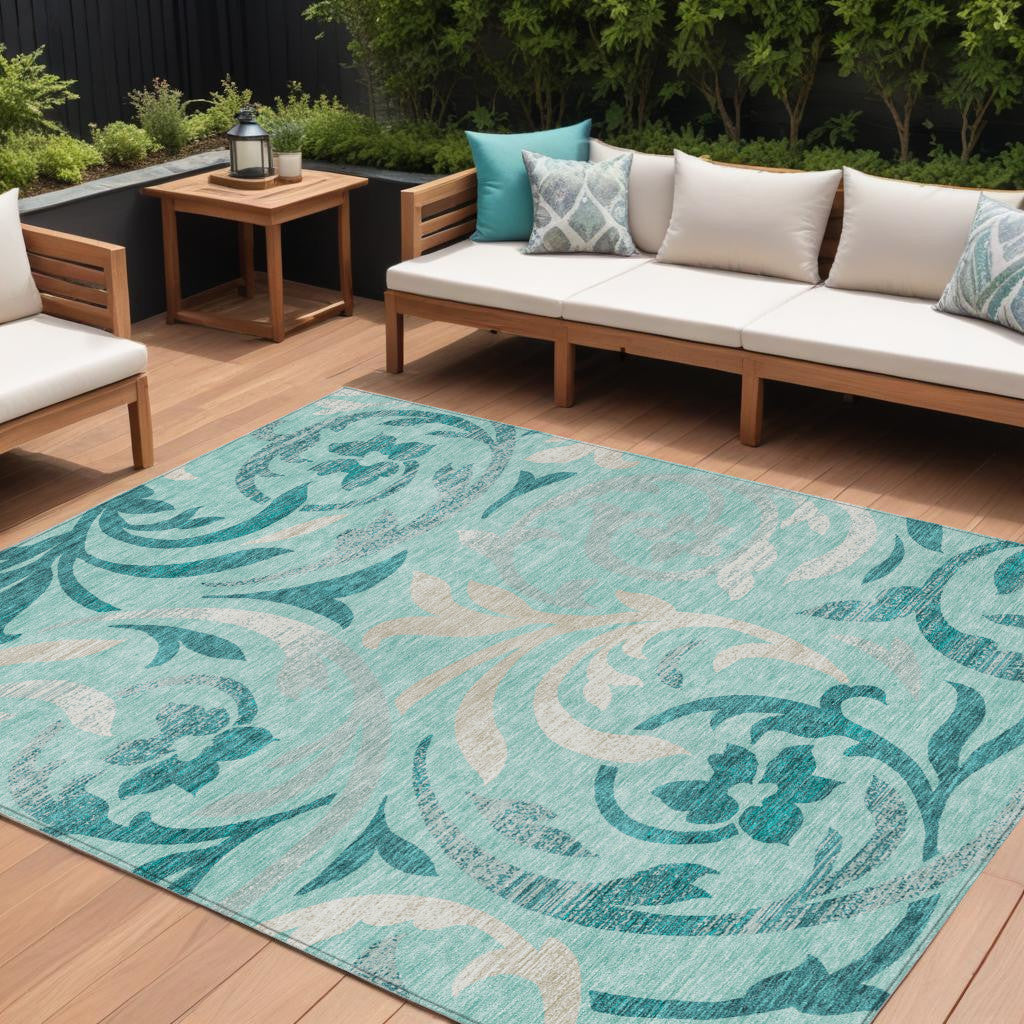 9' X 12' Teal Blue Aqua And Beige Floral Washable Indoor Outdoor Area Rug