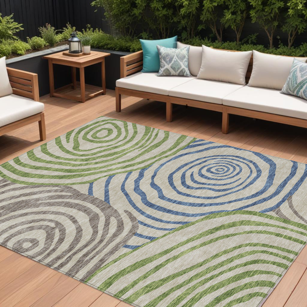 9' X 12' Beige Taupe And Green Abstract Washable Indoor Outdoor Area Rug