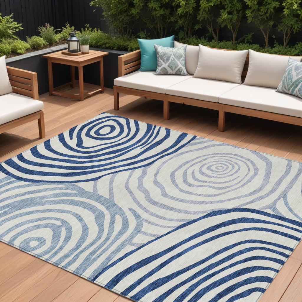 9' X 12' Ivory And Navy Blue Abstract Washable Indoor Outdoor Area Rug