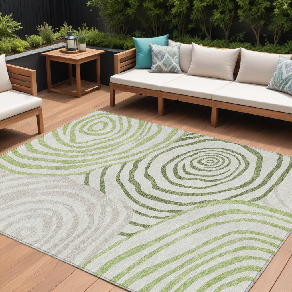 9' X 12' Artichoke Green And Fern Green Abstract Washable Indoor Outdoor Area Rug