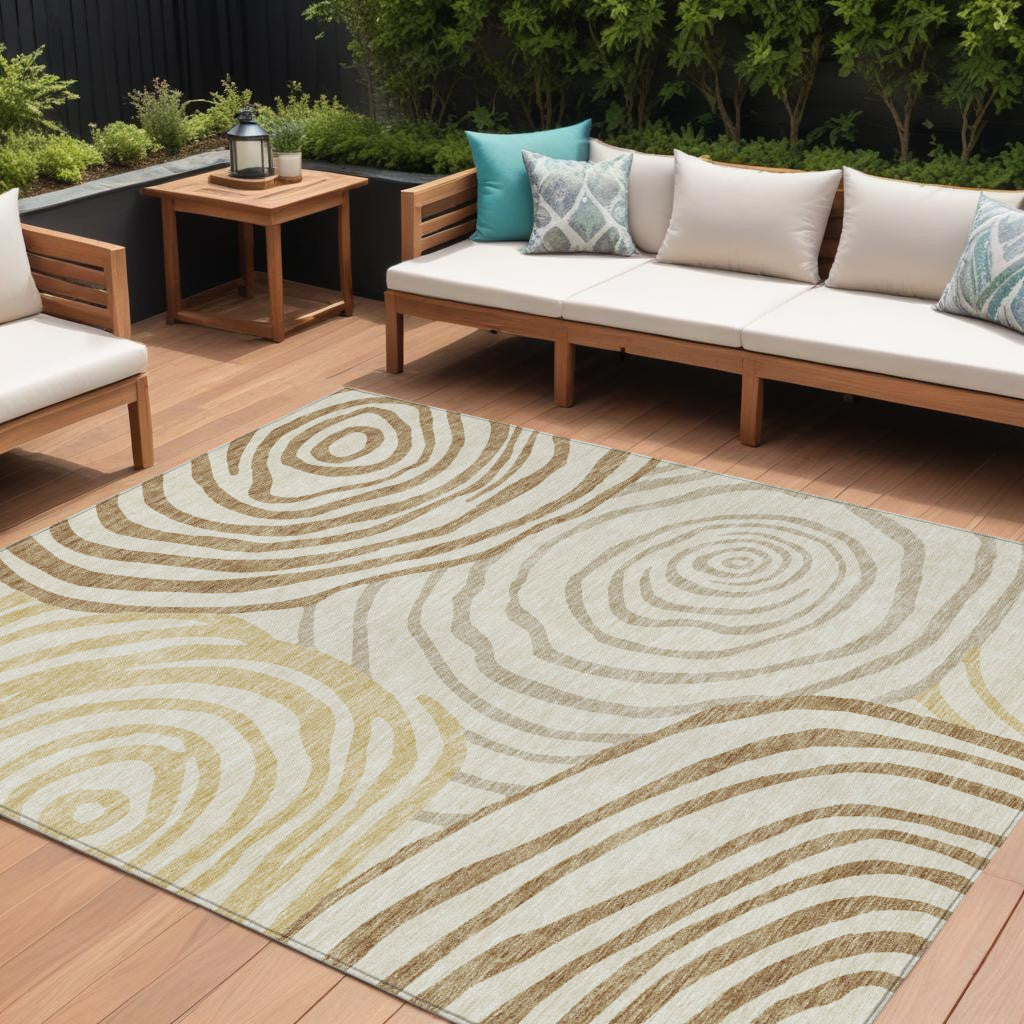 9' X 12' Gold Ivory And Beige Abstract Washable Indoor Outdoor Area Rug