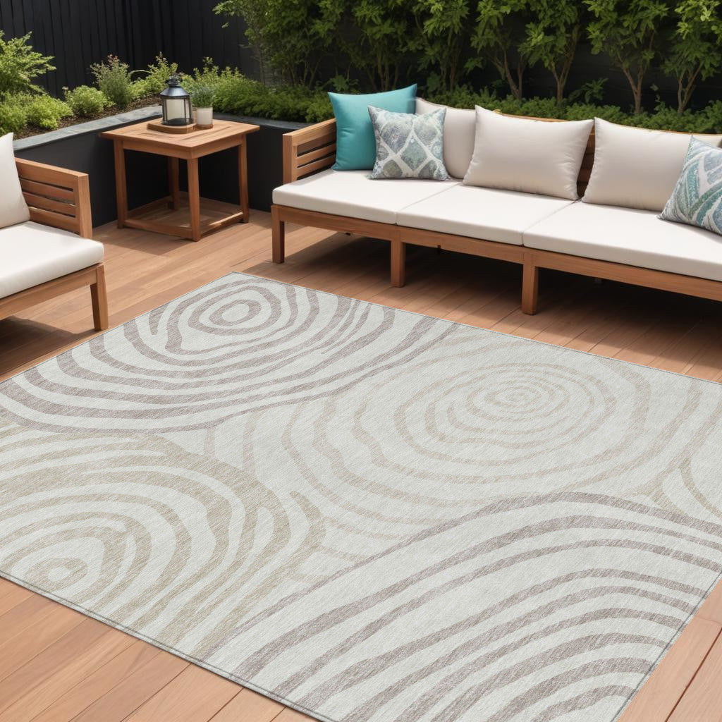 9' X 12' Ivory Beige And Khaki Abstract Washable Indoor Outdoor Area Rug