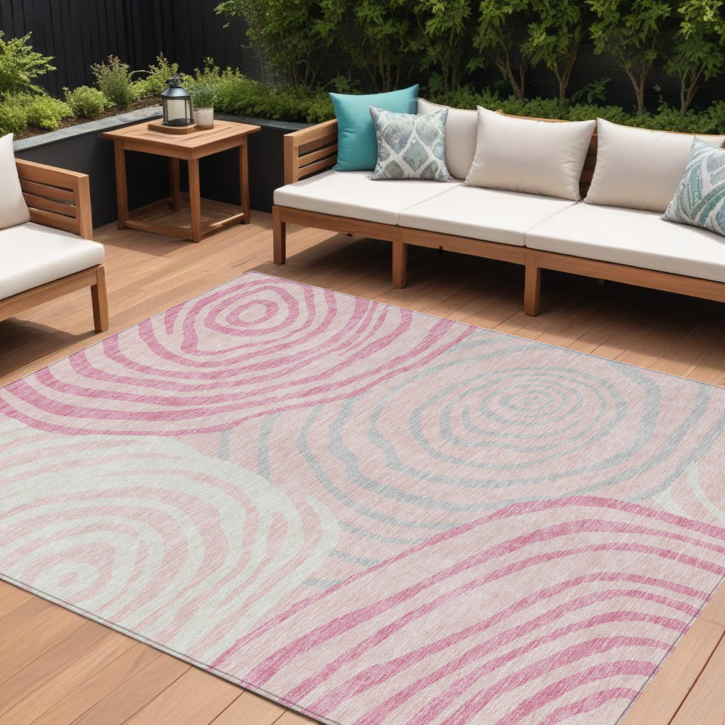 9' X 12' Pink Ivory And Gray Abstract Washable Indoor Outdoor Area Rug