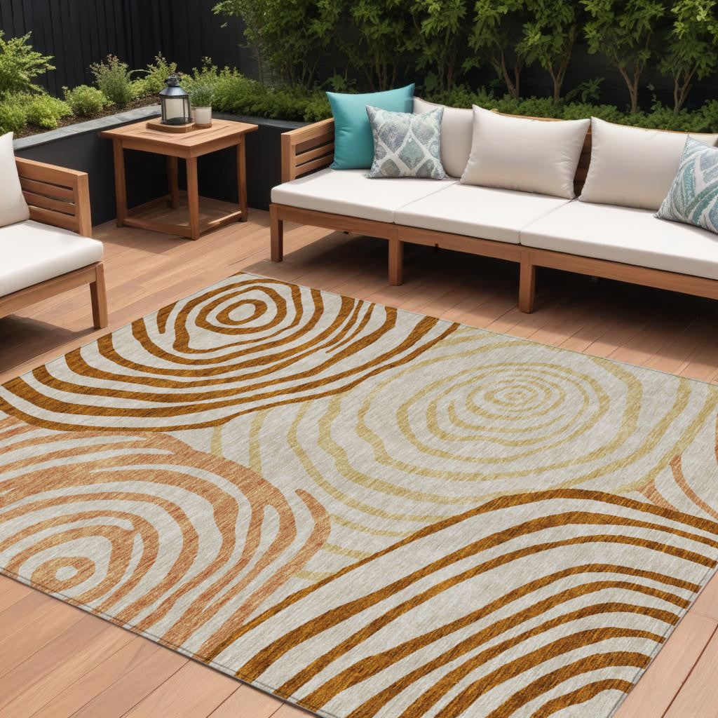 9' X 12' Terra Cotta Copper And Gold Abstract Washable Indoor Outdoor Area Rug