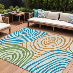 8' X 10' White Orange And Teal Blue Abstract Washable Indoor Outdoor Area Rug