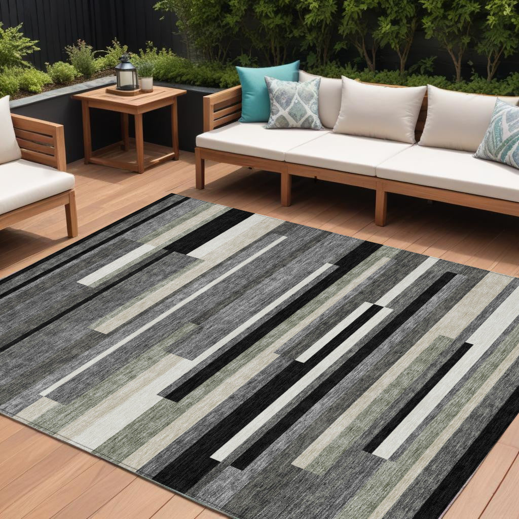 10' X 14' Black Charcoal And Gray Striped Washable Indoor Outdoor Area Rug