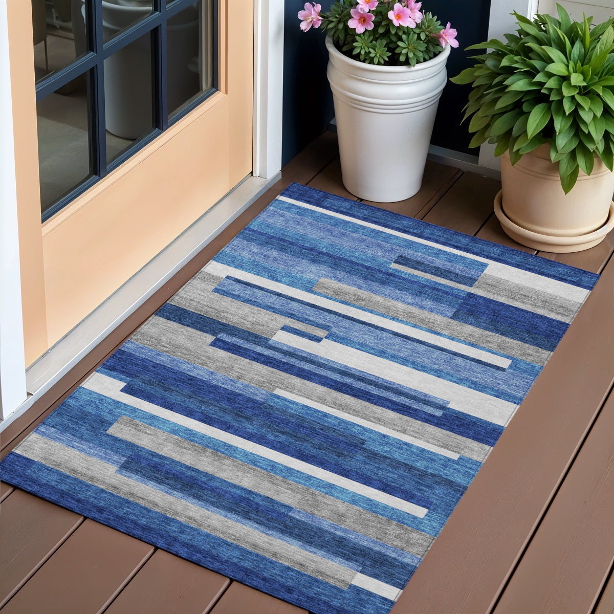 3' X 5' Navy Blue And Denim Blue Striped Washable Indoor Outdoor Area Rug