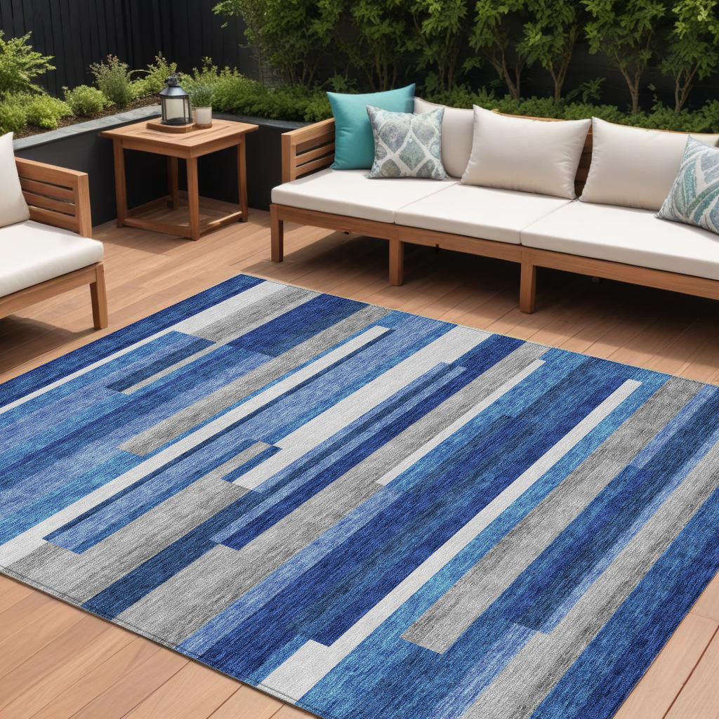 10' X 14' Navy Blue And Denim Blue Striped Washable Indoor Outdoor Area Rug