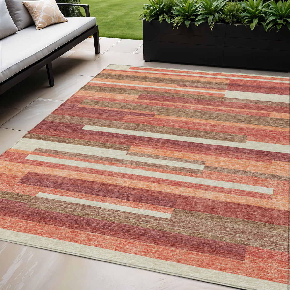 5' X 8' Coral Peach And Taupe Striped Washable Indoor Outdoor Area Rug