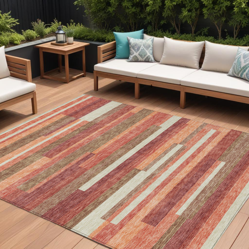 10' X 14' Coral Peach And Taupe Striped Washable Indoor Outdoor Area Rug