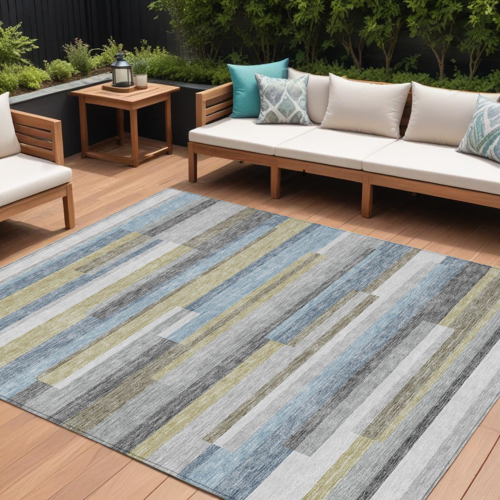 9' X 12' Gray Denim Blue And Sky Blue Striped Washable Indoor Outdoor Area Rug