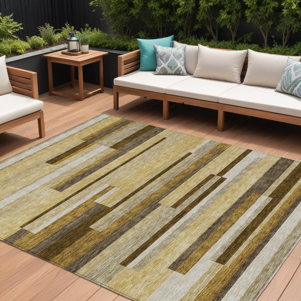8 X 10 Khaki Taupe And Gold Striped Washable Indoor Outdoor Area Rug