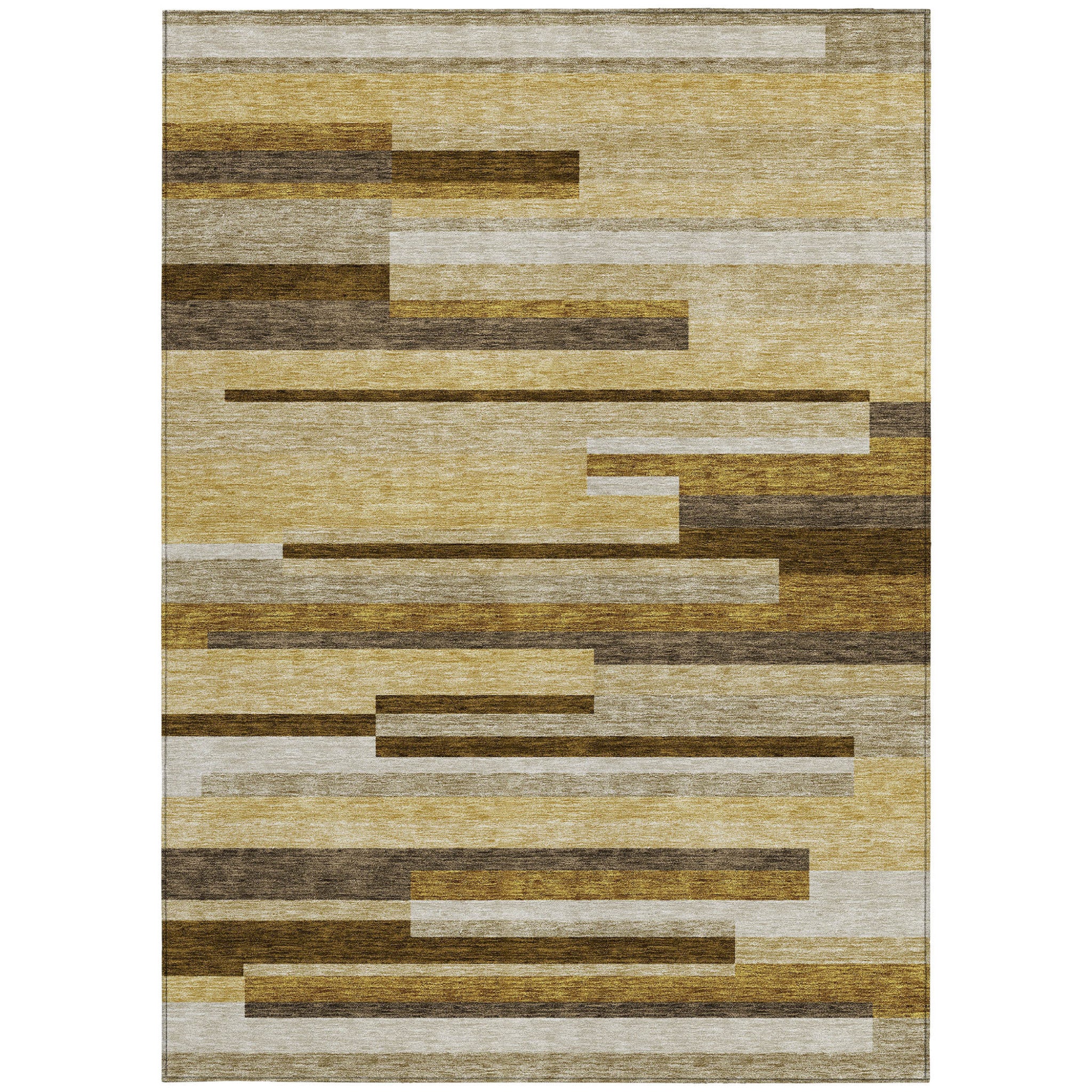 9' X 12' Khaki Taupe And Gold Striped Washable Indoor Outdoor Area Rug