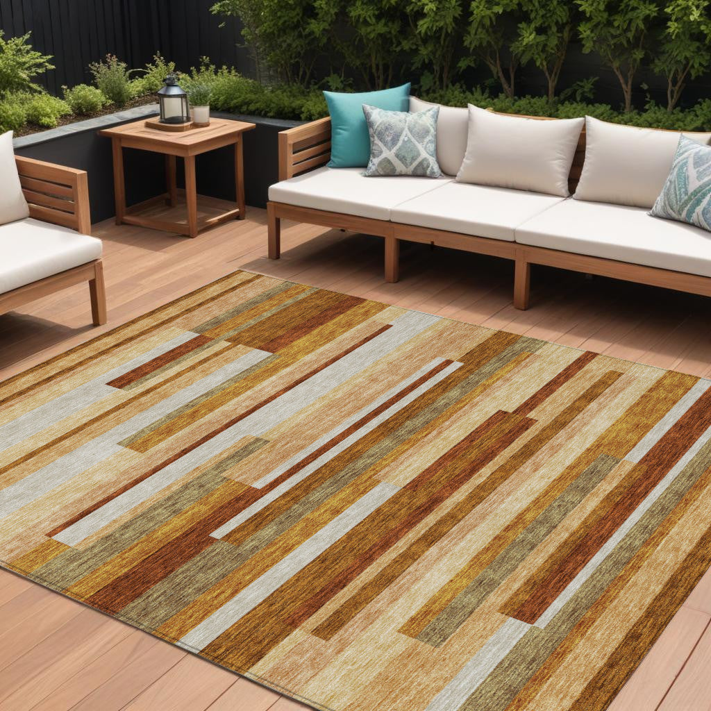 9' X 12' Orange Copper And Taupe Striped Washable Indoor Outdoor Area Rug
