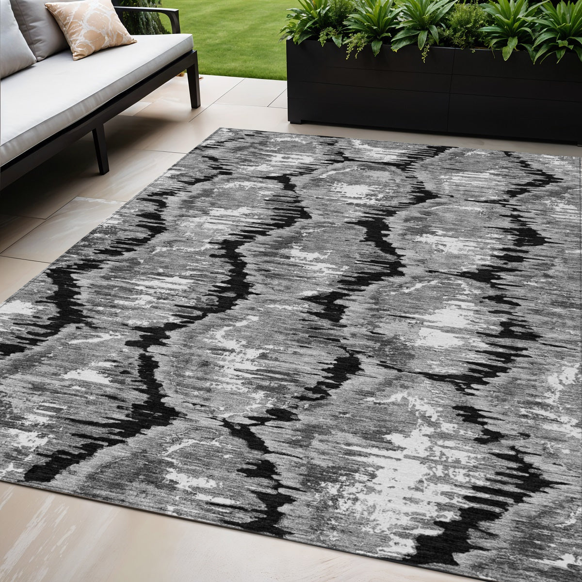 5' X 8' Black Charcoal And Silver Abstract Washable Indoor Outdoor Area Rug
