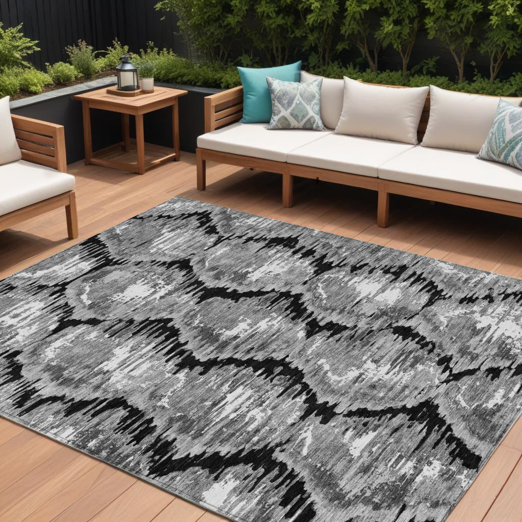 9' X 12' Black Charcoal And Silver Abstract Washable Indoor Outdoor Area Rug