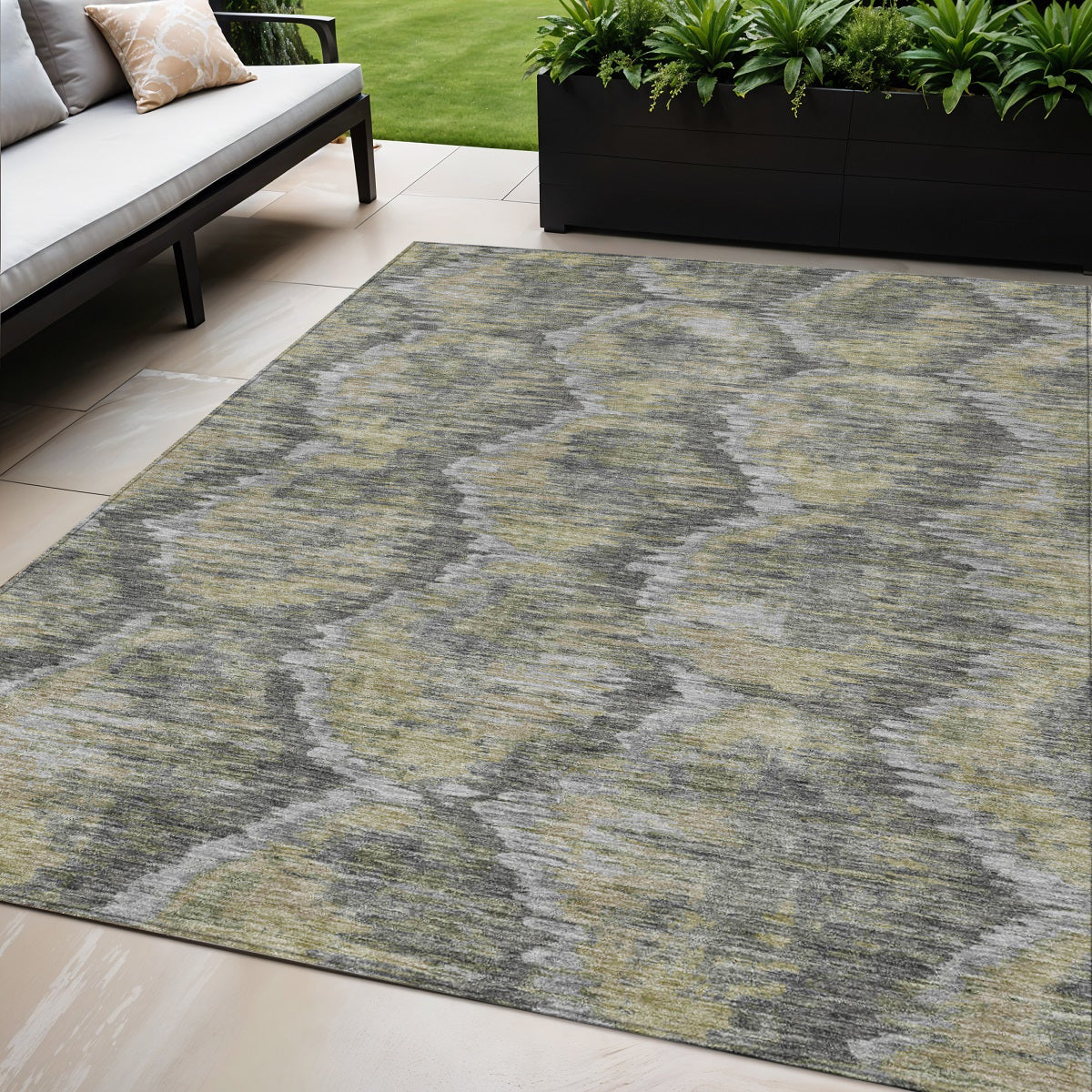 5' X 8' Gray Silver And Wheat Abstract Washable Indoor Outdoor Area Rug